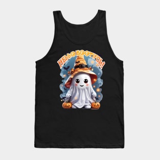 Halloween Hello Bootiful! Cute Friendly Ghost Wearing Witch Hat, Pumpkin, Bats Tank Top